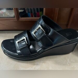 Cole Haan Platform Leather Mule Sandals Black SZ 9.5B Silver Hardware